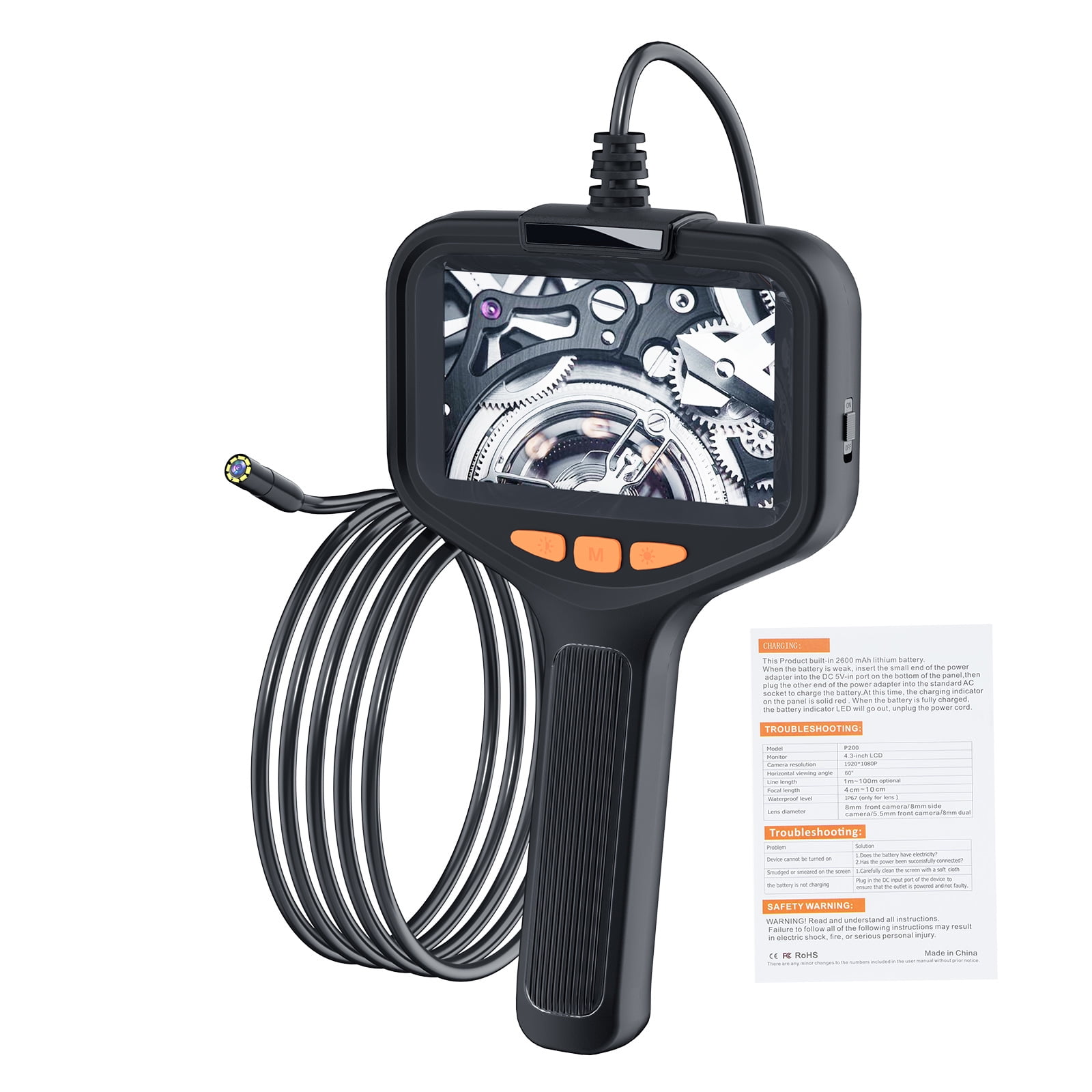 Endoscope Inspection Camera Dual Lens Inspection Camera With Light 2m/32.8FT Industrial Borescope IP67 Waterproof Flexible Cable Sewer Camera 1080P HD Borescope Inspection Camera