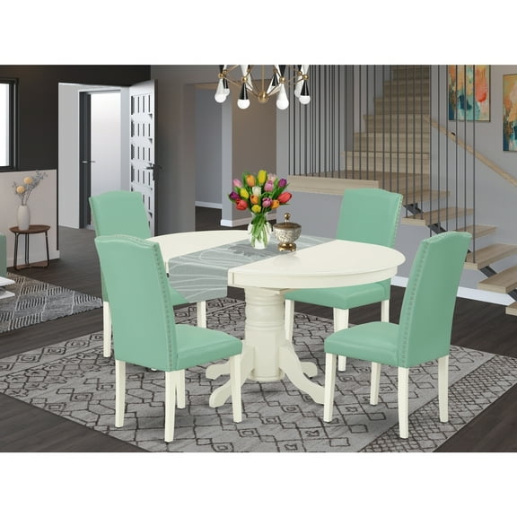 Rustic Oval Dining Set 5pc 42-60" Table & 4 Chairs Linen White Legs Pond PU Leather