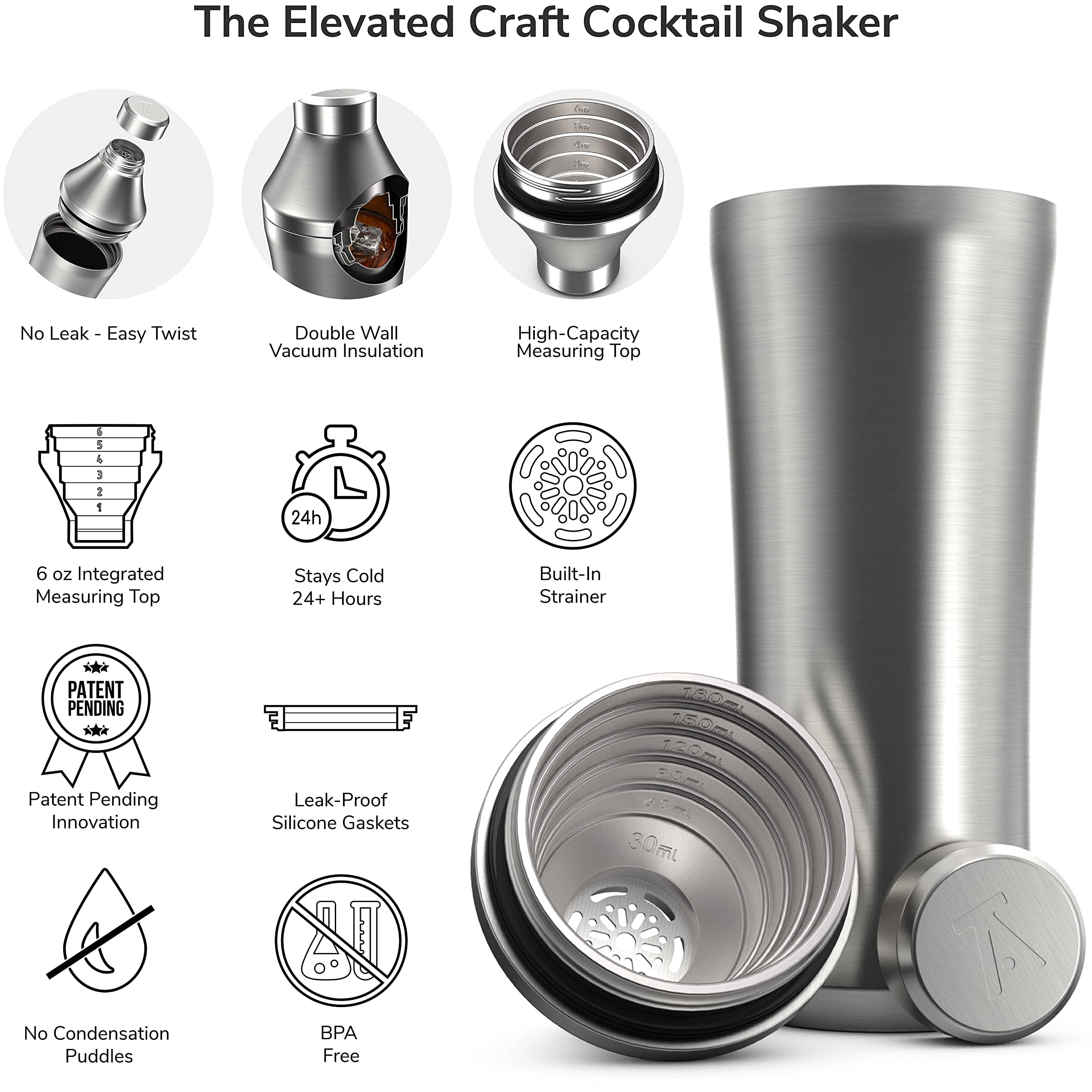 Elevated Craft Hybrid Cocktail Shaker - Premium Vacuum Insulated Stainless Steel Cocktail Shaker - Innovative Measuring System - Elevate Your Home Bar Experience - 28oz Total Volume 1