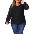 thumbnail image 1 of Blusa de mujer de talla grande GRACE & GRANDEUR con encaje floral, doble capa, escote en V, manga larga, elegante y casual, talla 1X, color negro, 1 of 6