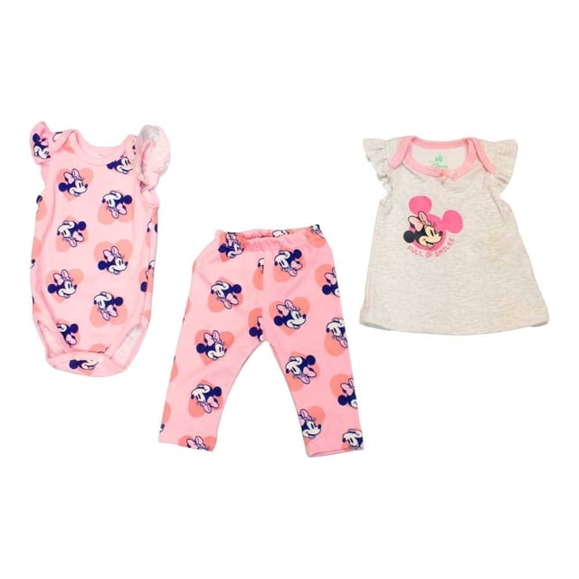 Conjunto Disney Talla 3 M con Broches con Diseño de Minnie Mouse con Manga en Olanes Rosa 3 Piezas