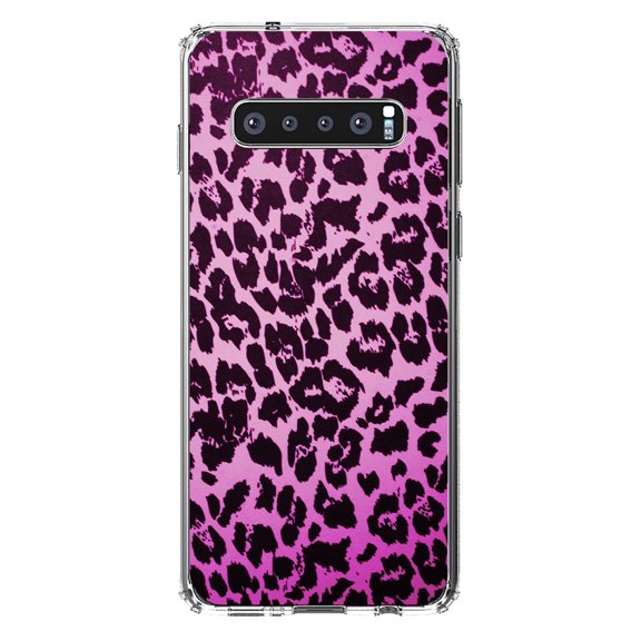 DistinctInk Clear Shockproof Hybrid Case for Samsung Galaxy S10  PLUS(6.4" Screen) - TPU Bumper, Acrylic Back, Tempered Glass Screen Protector - Pink Purple Leopard Skin Spots