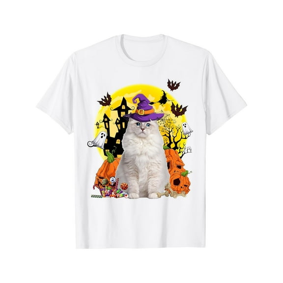 Cotton White Tee Top Witch Ragdoll Cat Halloween Graphic T-Shirt Fahion Casual Comfortable S-5XL