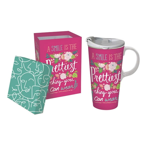 Cypress Home Ceramic Travel Cup, 17 OZ, With Box, A Smile Is the Prettiest Thing You Can Wear