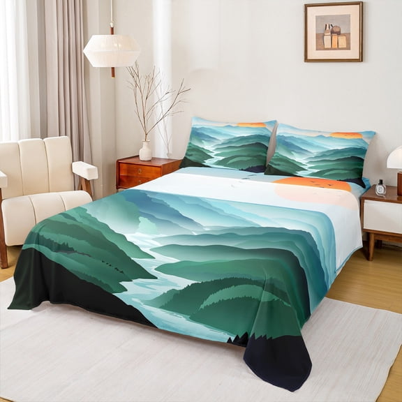 Feelyou Rustic Farmhouse Full Size Sheets for Teen, Nature Scenery Bed Sheets, Jungle Sun Mountain Sheet Sets, Luxury Bedroom Decor, 4pcs