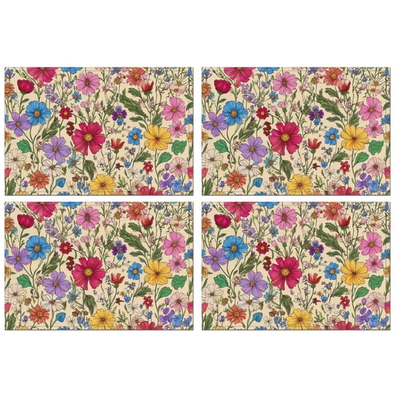 Pioneer Flower Floral Print Pattern Summer Placemats Table Placemats Set Of 4-Linen Kitchen Washable Placemats Table Mats 12x18 Inch Non-Slip Heat Resistant