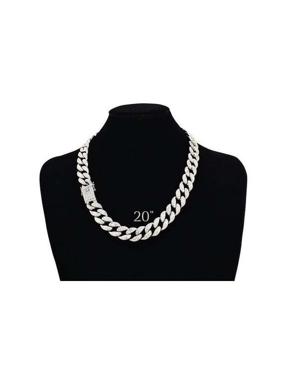 Cuban Link Chain Iced Out 15MM 18k Silver Plated Simulated Diamond CZ Pave | Choker | Necklace | Silver Tone Hip Hop Bling