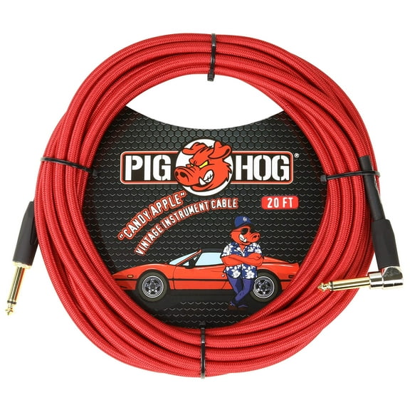 Pig Hog PCH20CAR Instrument Cable Candy Apple Red 1/4' to 1/4' 20 ft.Right Angle Woven Outer Covering Gold Plated 1/4"-1/4" Right Angle Connectors