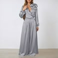 thumbnail image 2 of sususu Matching Lounge Sets for Women,Fall Sets Women's V Neck Satin Long Sleeve Blouse with Elegant Wide Leg Trousers Sophisticated Two Piece Outfit - Grey, 2 of 4