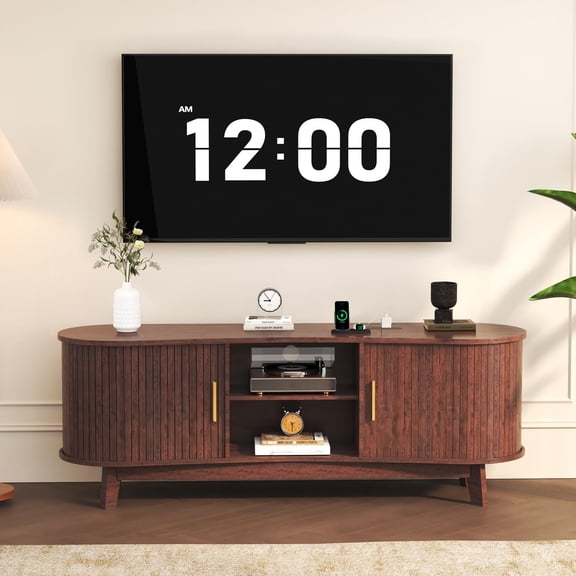 Mid-Century Modern TV Stand With Fluted Doors And Open Shelves Red Brown