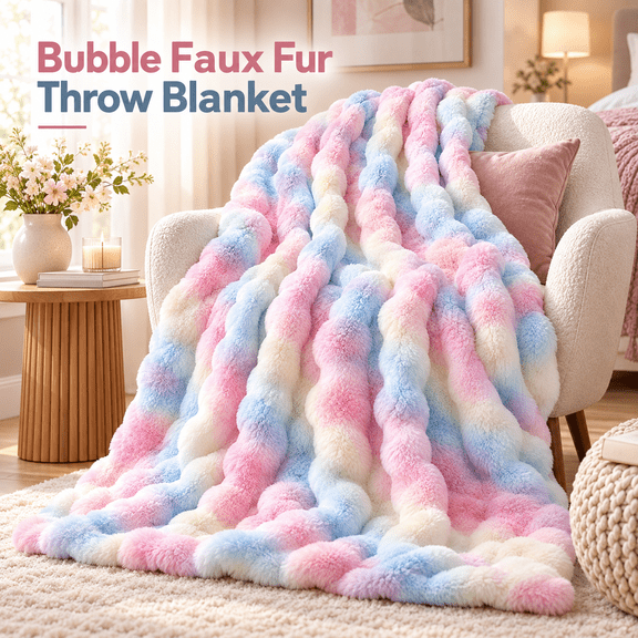 OZERA Faux Rabbit Fur Rainbow Bubble Throw Blanket 50"x62", Fluffy Plush Colorful Fuzzy Cozy Blanket for Sofa & Bed, Luxury Decor Gift for Women