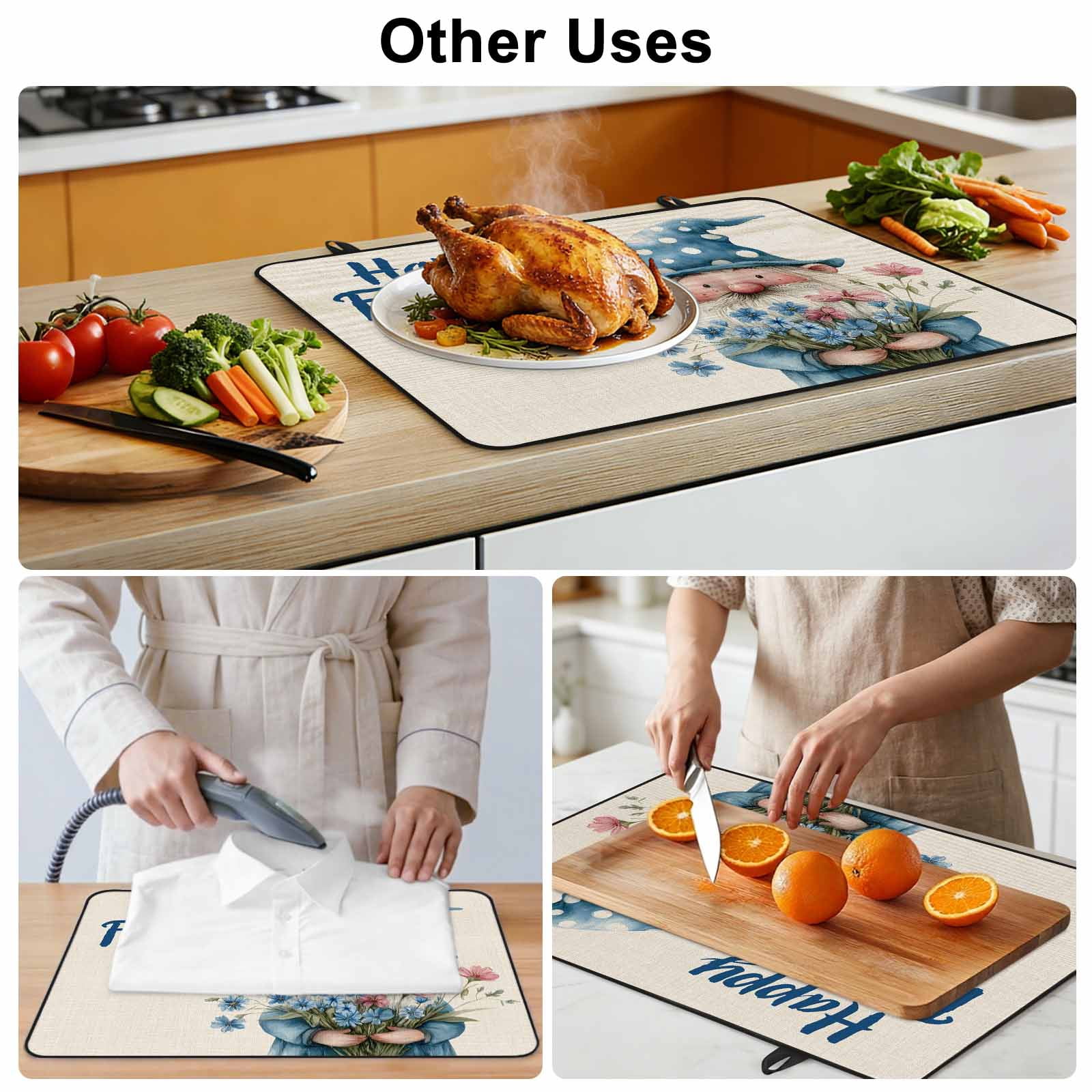 Happy Father's Day Stove Top Cover for Electric Stove, Heat-proof & Non Slip Glass Top Stove Cover Protector, Blue Gnomes Floral Linen Kitchen Flat Cooktop Rubber Mat 24x21 Inches