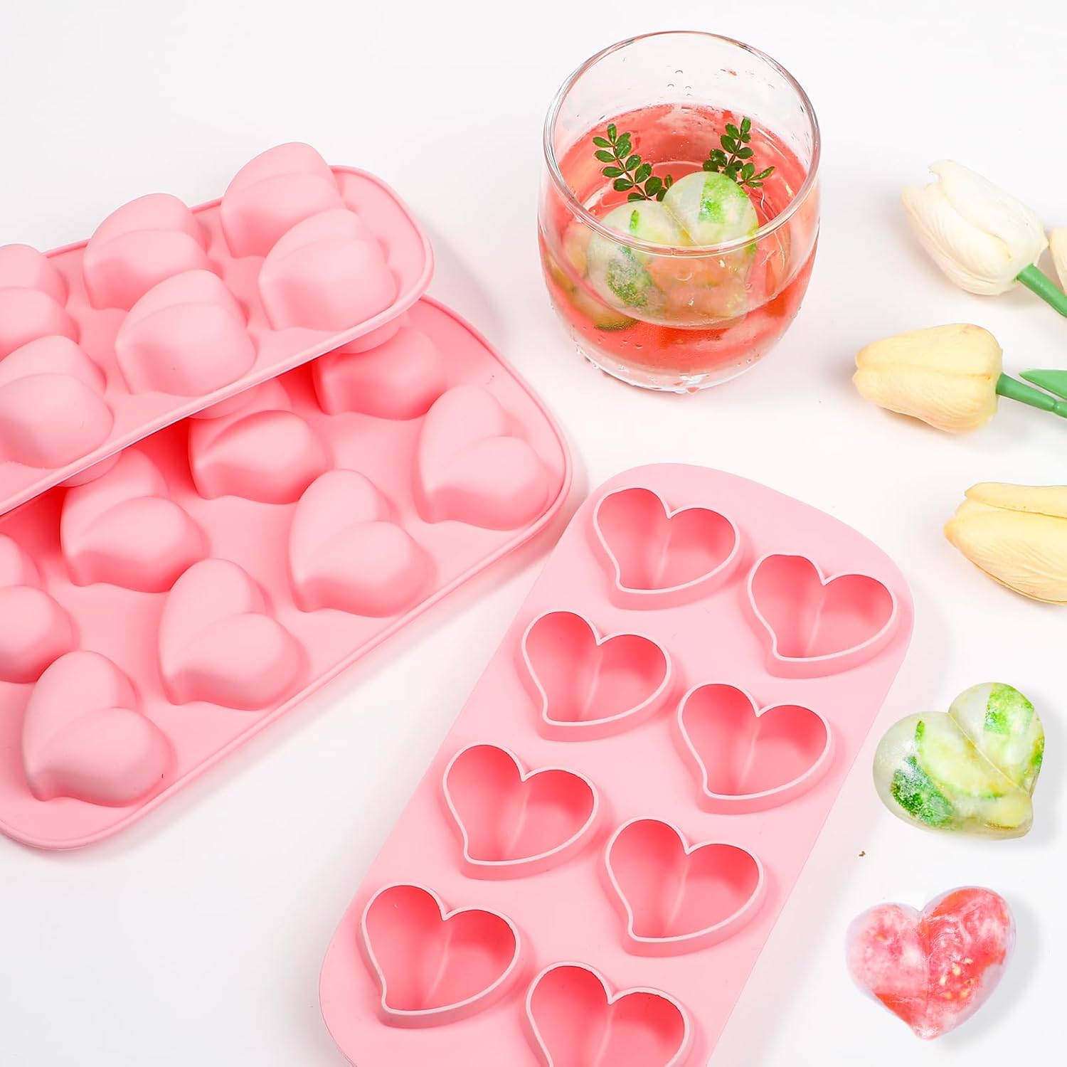 4-Pack Silicone Ice Cube Trays Set – Sphere (1.1"), Heart (10 & 8 Cavity), Star with Lid – BPA-Free, Easy Release – For Cocktails, Whiskey & Chocolate – Green/Pink/Red/Multicolor