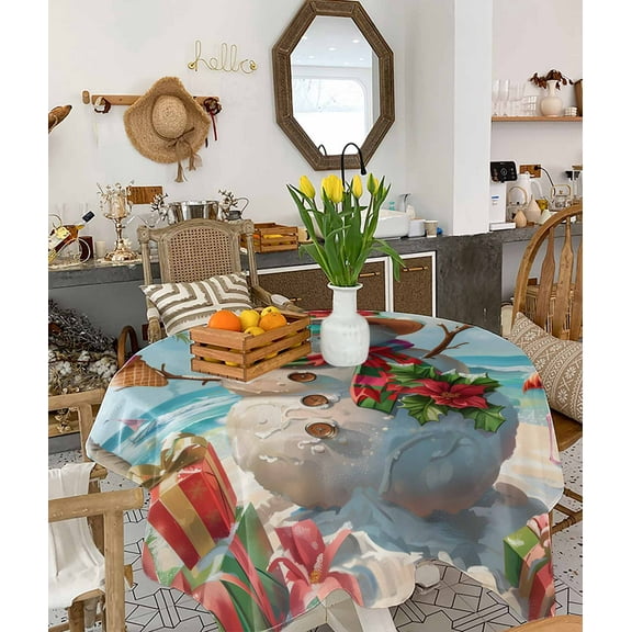 Coastal Christmas Snowman Tablecloth Square Table Cloth 54x54, Waterproof Tablecloth Outdoor Table Cloth, Beach Xmas Flamingo Washable Table Cover for Kitchen Dining Party