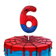 Red and blue spider web 6 birthday candle, number 6 candle, spider hero style cake decoration, suitable for superhero party decoration