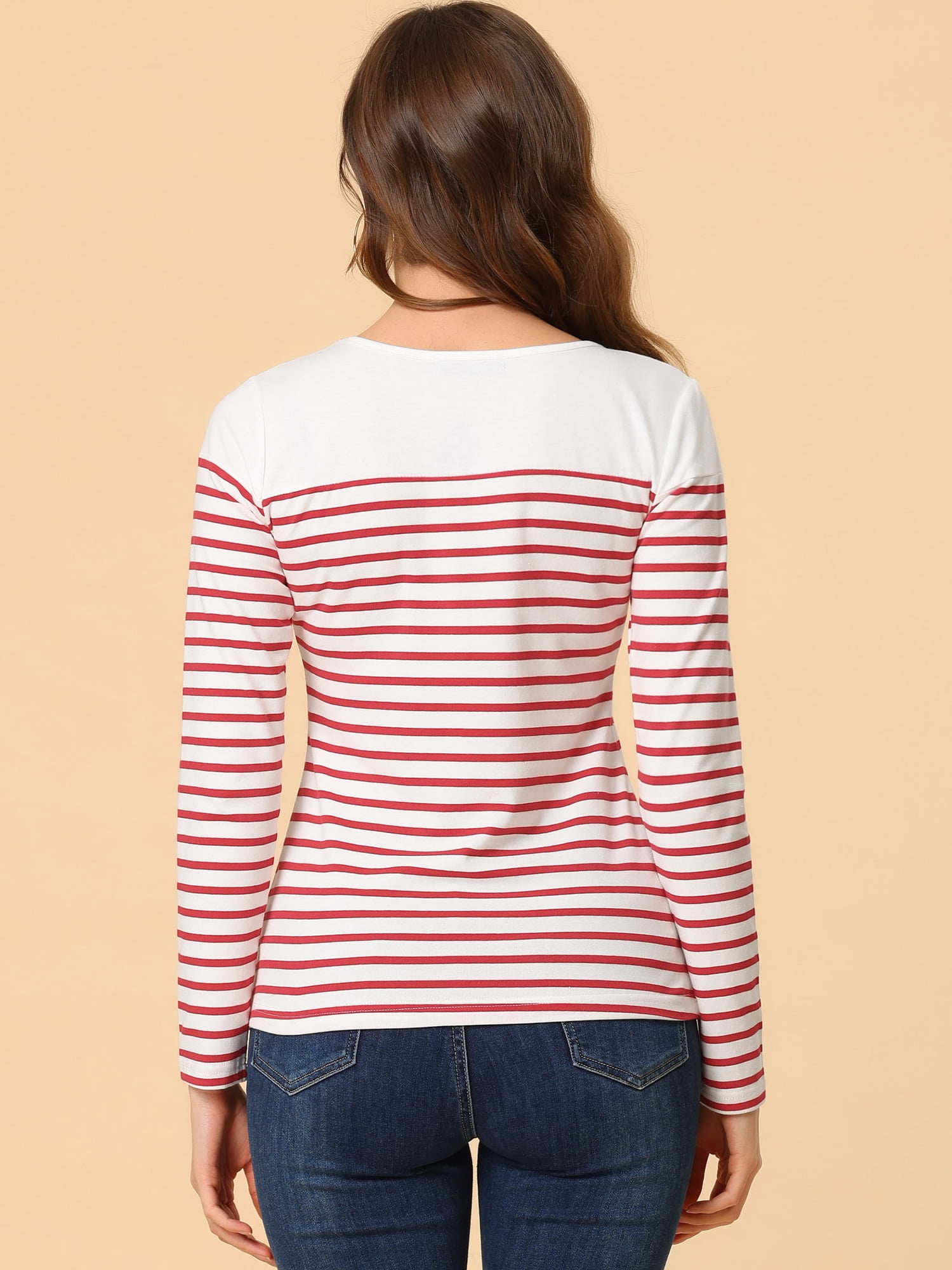 DARING DIVA Women's Color Block Striped Knit Top Long Sleeves T-Shirt M White Red
