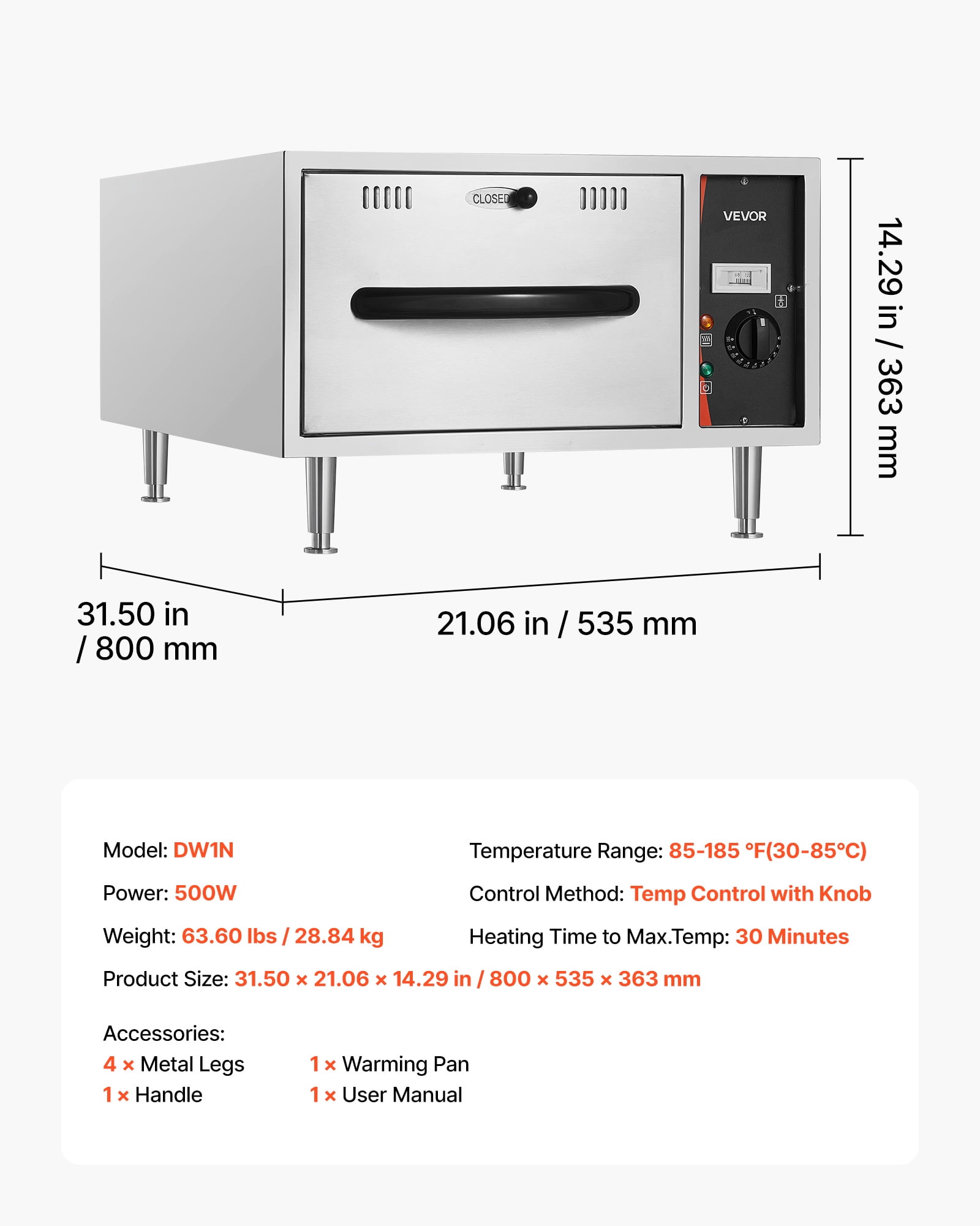 VEVOR Commercial Electric Drawer Warmer, Single-Drawer Stainless Steel Food Warmer, Freestanding Slim Warming Drawer Cabinet, 85°F–185°F Wide Temperature Range,for Restaurant, Hotel, Bakery & Kitchen