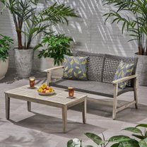 Noble House Hampton Outdoor Wood and Wicker Loveseat and Coffee Table in Black