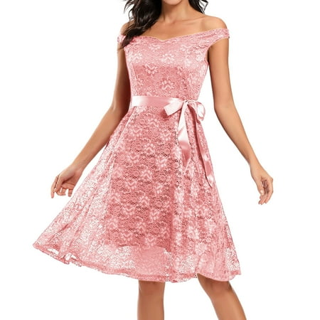 Blphud Womens Shoes Dressy Casual Short Dinner Gown for Women Women s Sleeveless Bridal Friend Dress for Wedding Lace Chiffon Mid Length Formal Evening Dress Pink M