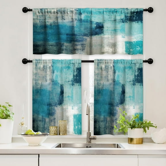 Kitchen Curtains Sets for Windows 3 Piece Teal Kitchen Curtains Valances 36 Inch Length Kitchen Window Curtains Turquoise Gray Kitchen Window Treatments for Cafe Living Room Window Decor,Teal