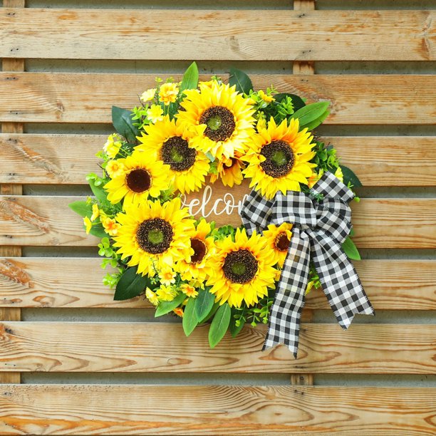 Corona de flores de madera con forma de girasol y lazo para primavera y verano, para colgar en la puerta, para puerta de entrada, patio, decoración del hogar.