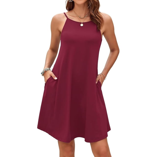 Jdffashion Robe d'Été pour Femmes Col Licou Sans Manches Mini Robe Décontractée Florale de Plage avec Poches