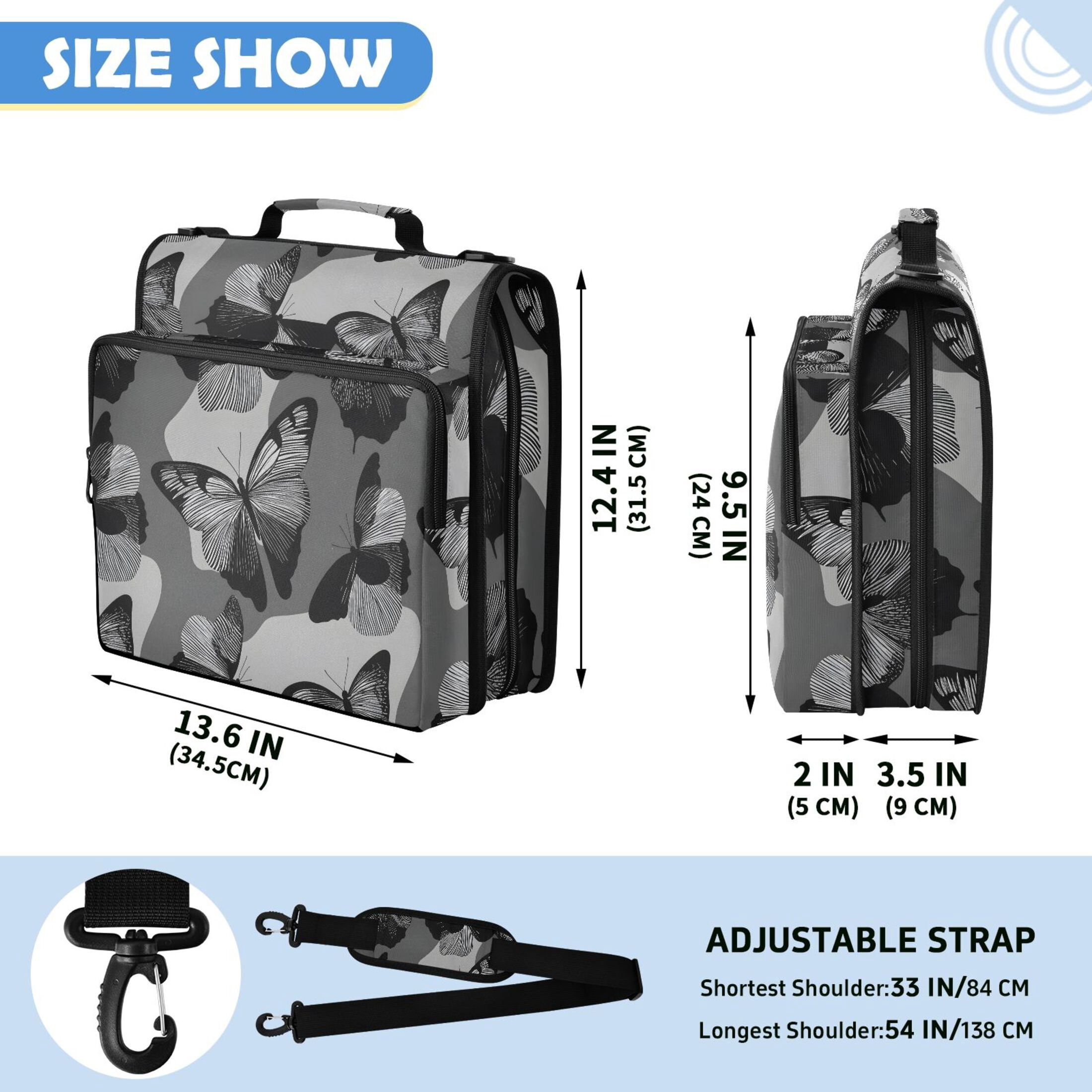 ALAZA Zipper Binder Gray Butterfly Pattern 2 inch 3 Ring 500 Sheet Capacity Trapper Keeper File Folder Organizer Bag