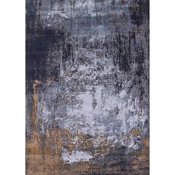 Ahgly Company Indoor Rectangle Mid-Century Modern Charcoal Blue Oriental Area Rugs, 2' x 4'