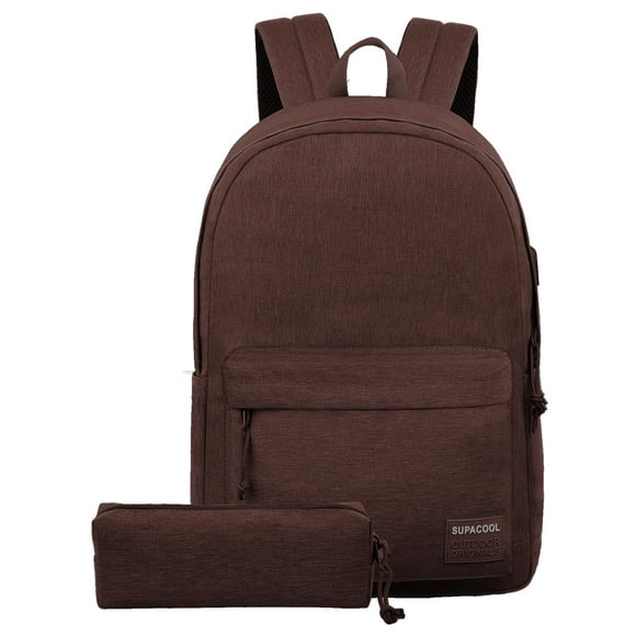 SUPACOOL Lightweight Casual Laptop Backpack & Pencil Pouch, School Backpack with USB Charging Port for Men and Women, Bookbag for Boys and Girls, Work Backpack(Coffee set)