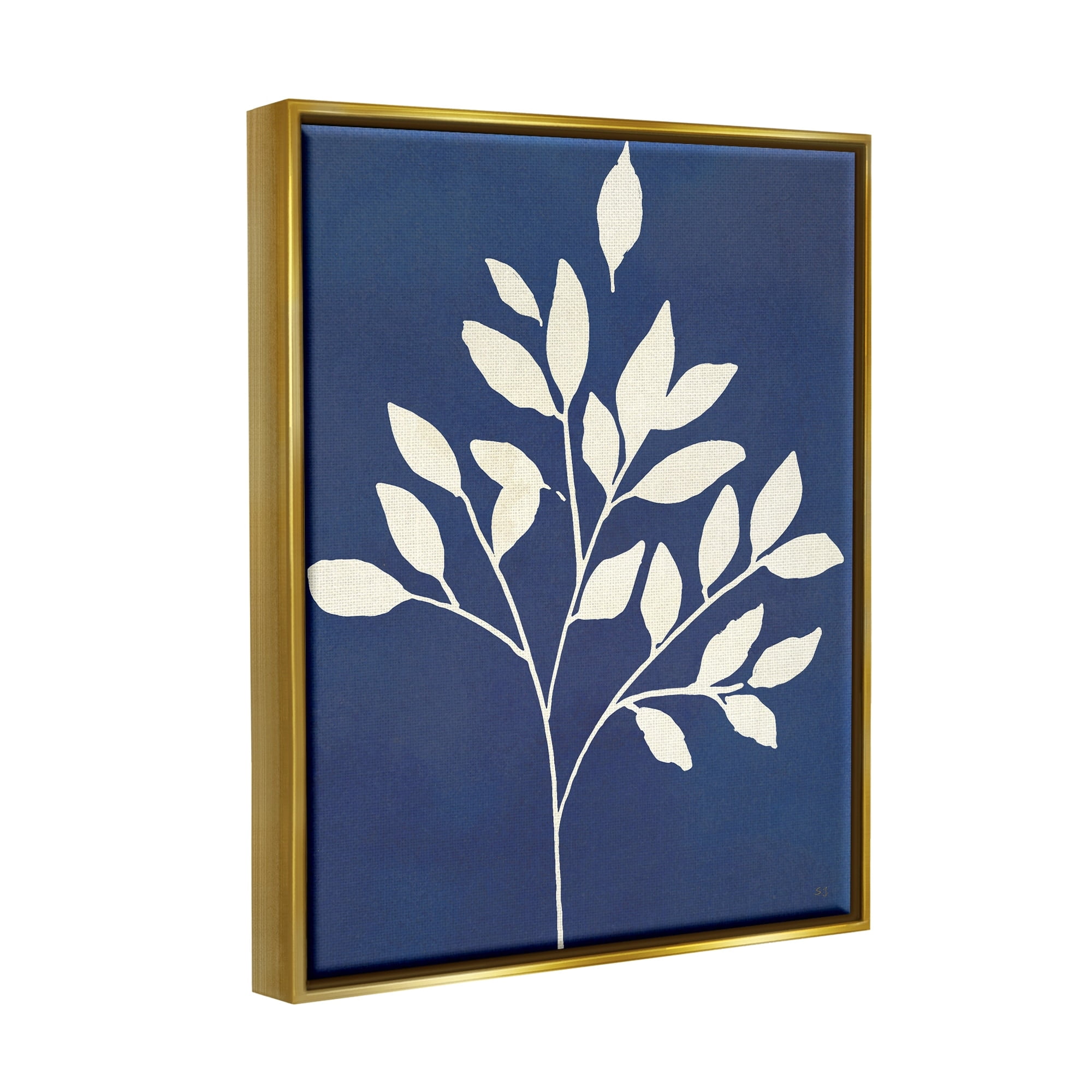 Stupell Industries Modern Leaf Sprig Botanical Abstract Stencil Shape Graphic Art Metallic Gold Floating Framed Canvas Print Wall Art, Design by Susan Jill
