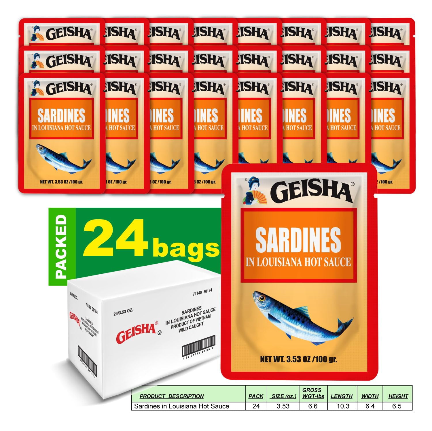 GEISHA Sardines in Louisiana Hot Sauce 3.53oz (Pack of 24), Sardines| HALAL & Kosher Certified – Gluten Free – Wild Caught – Good Source of Protein