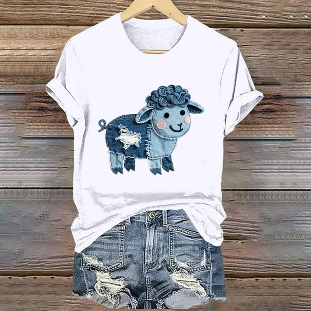 Tejiojio Women's Animal Printed T-shirt Casual Round Neck Short Sleeve Blouses S-2XL