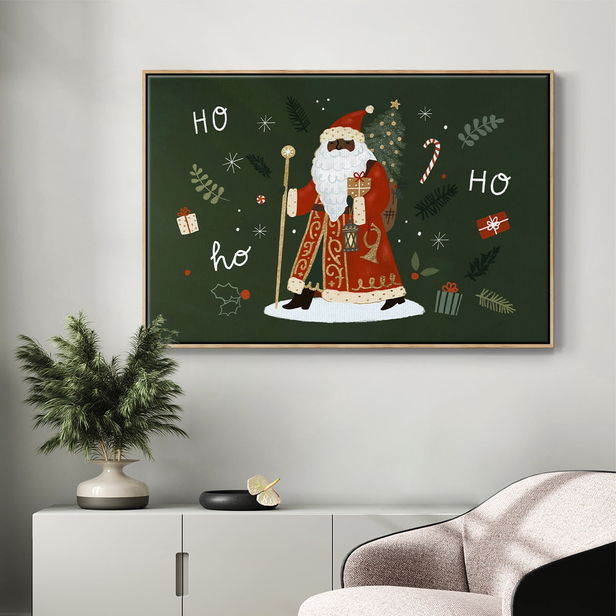 Little St. Nick Collection A - Framed Gallery Wrapped Holiday Canvas - 17 x 25 - Natural Wood Frame