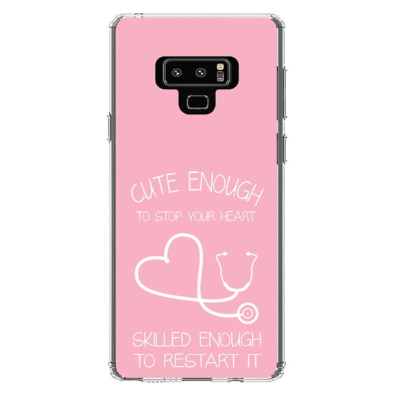 DistinctInk Clear Shockproof Hybrid Case for Samsung Galaxy Note 9 - TPU Bumper, Acrylic Back, Tempered Glass Screen Protector - Pink Nurse Stethoscope Heart - Support for Nurses