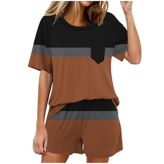 Summer Fsshion Plus Size Two Piece of Sets for Womens Casual Solid Color Home Short Sleeved Round Neck Pajama Top With Pants Set