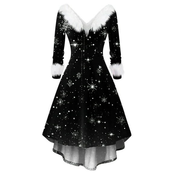 Women's Fashionable Casual Fitted Christmas Print Party Long-Sleeved V-Neck Hair Collar Dress for Holiday Parties and Events,Black,M