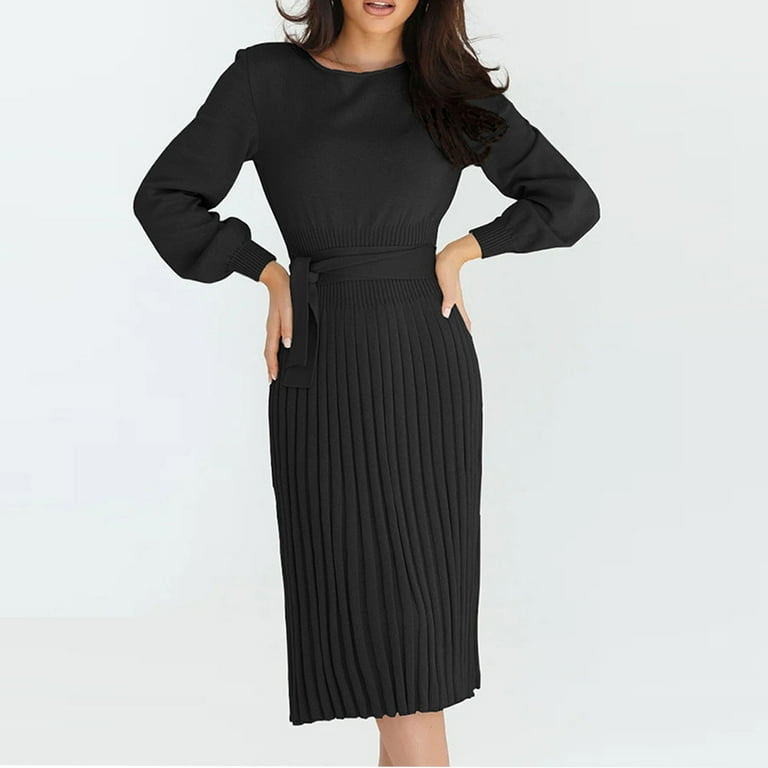 Cyber**Monday ChaoHeng Womens Fall Dresses 2025 Women's Pleated Midi Sweater Dress with Belt,Long Sleeve Round Neck Knee-Length Dress Cyber**Monday ChaoHeng Womens Fall Dresses 2025 Women's Pleated Midi Sweater Dress with Belt,Long Sleeve Round Neck Knee-Length Dress
