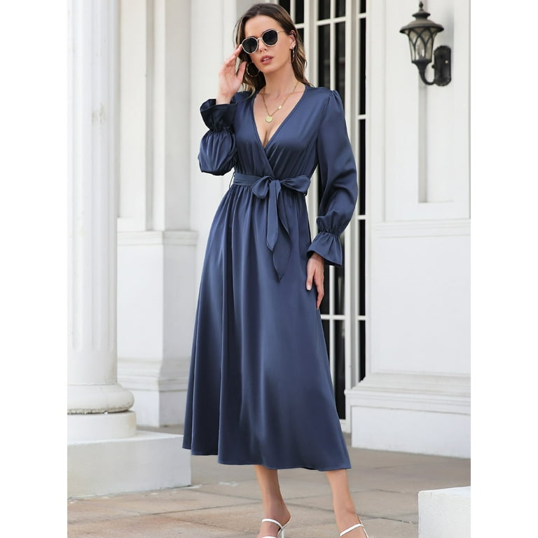 I2CRAZY Women Navy Blue V Neck Satin Wrap Dress, Long Puff Sleeve
