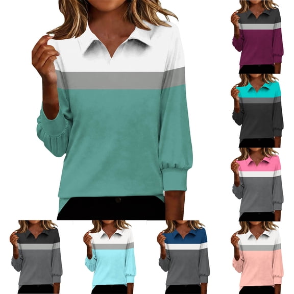 Hfnxid Womens 3/4 Length Sleeve Top Casual Collared V Neck Shirt Fashion Color Block Athletic Tops Going Out Golf Sport Tee