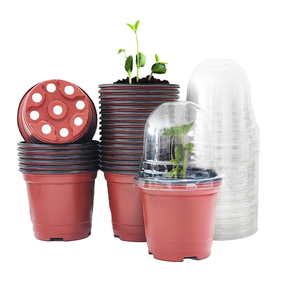 Plant Nursery Pots with Humidity Domes, 25 Sets 4 Inch Soft Nursery Pots Quality Ones (25 Red Pots + 25 Clear Lids), Seeds Starter
