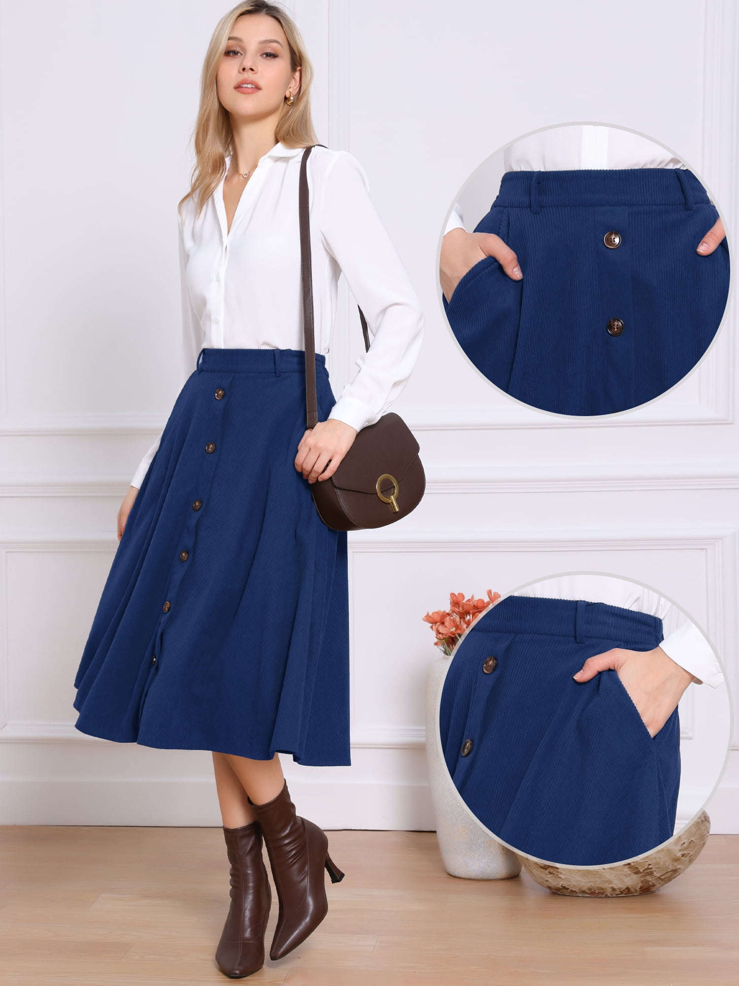 DARING DIVA Women's High Waist A Line Midi Skirts with Pockets Medium Dark Blue