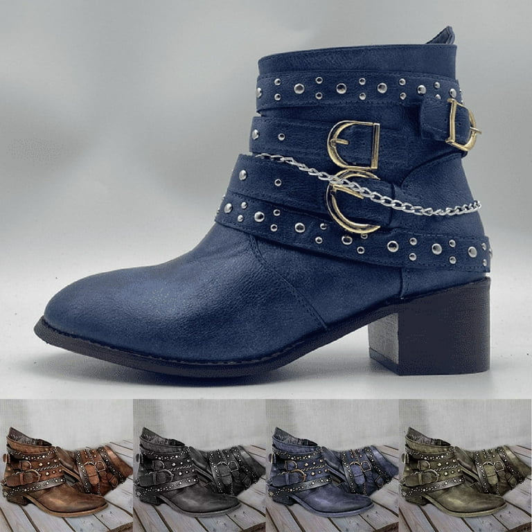 NOKIO Women'S Statement Buckle Ankle Boots Women'S Retro Cowboy