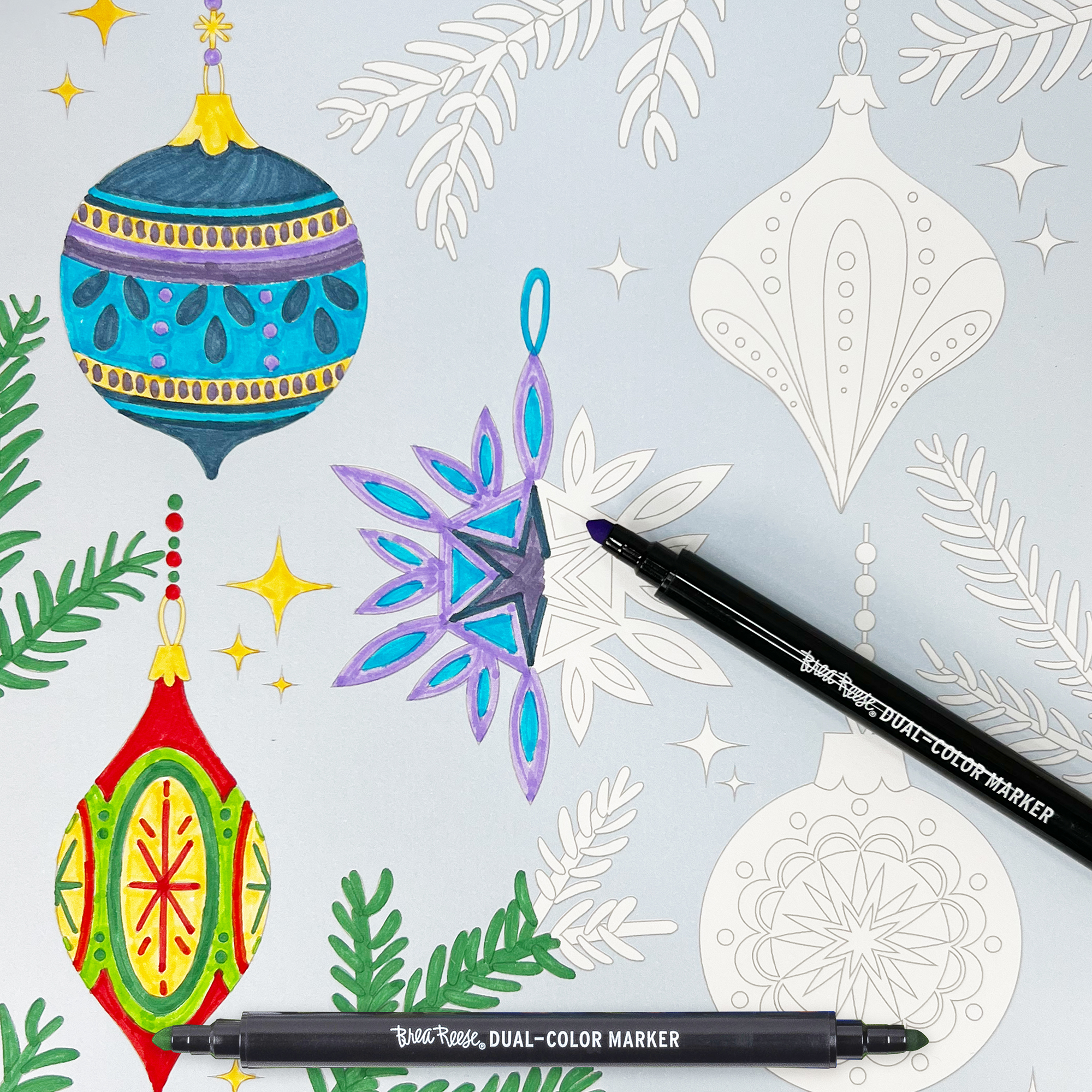 Brea Reese: Marker Coloring Kit - Christmas Tree - 5 Dual-Sided Markers, 12 Holiday-Themed Coloring Pages, Festive Spiral-Bound Art Pad, Adult Craft