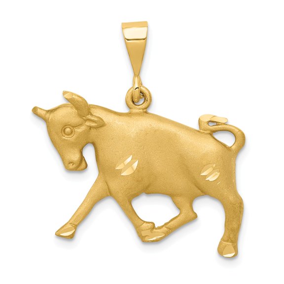 Real 14kt Yellow Gold Satin Diamond-cut Taurus Zodiac Charm Pendant; for Adults and Teens; for Women and Men