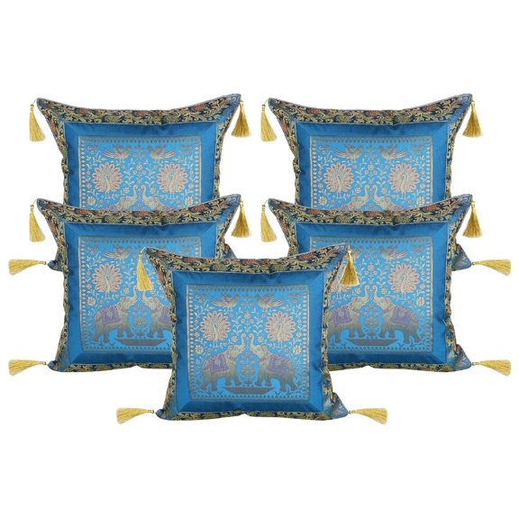 Stylo Culture Ethnic Brocade Home Decor Throw Pillow Covers Turquoise Gold 18 x 18 Jacquard Weave Tassels Couch Cushion Covers 45x45 cm Polydupion Silk Zippered Elephant Square Pillowcases | Set Of 5