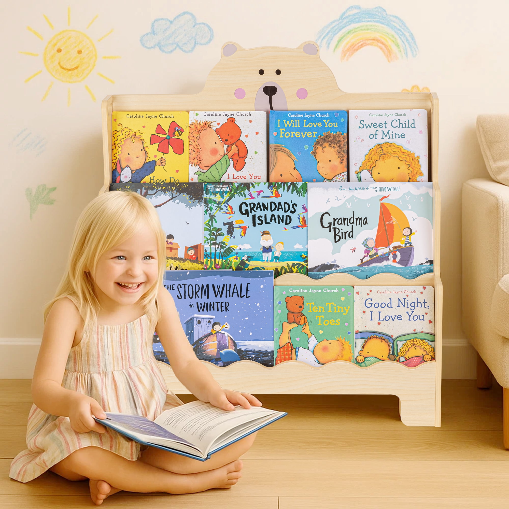 Kids Wooden 3-Tier Bookshelf with Scalloped Edges, Front-Facing Book Display, Montessori Toddler Book Rack & Book Shelves for Kids Room, Nursery, Bedroom, Classroom