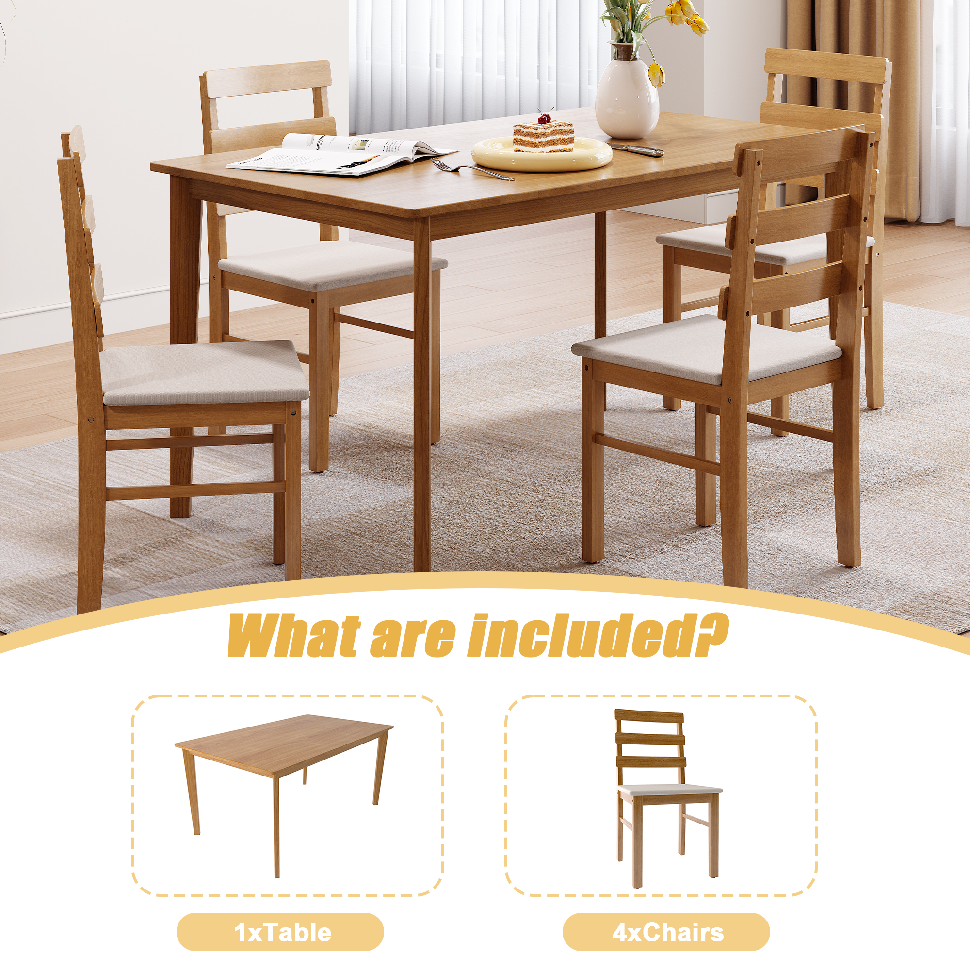 MOONMISS 5-Piece Modern Solid Wood Dining Set with 4 Chairs&Rectangle Table for Dining Room,Kitchen-Wood
