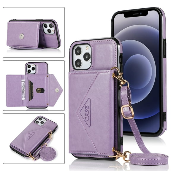 Wallet Case for iPhone 12 / 12 Pro, Detachable Crossbody Lanyard Strap PU Leather Soft TPU Bumper Magnetic Clasp Back Flip Credit Card Slots Kickstand Cover for iPhone 12 / 12 Pro - 6.1", Purple