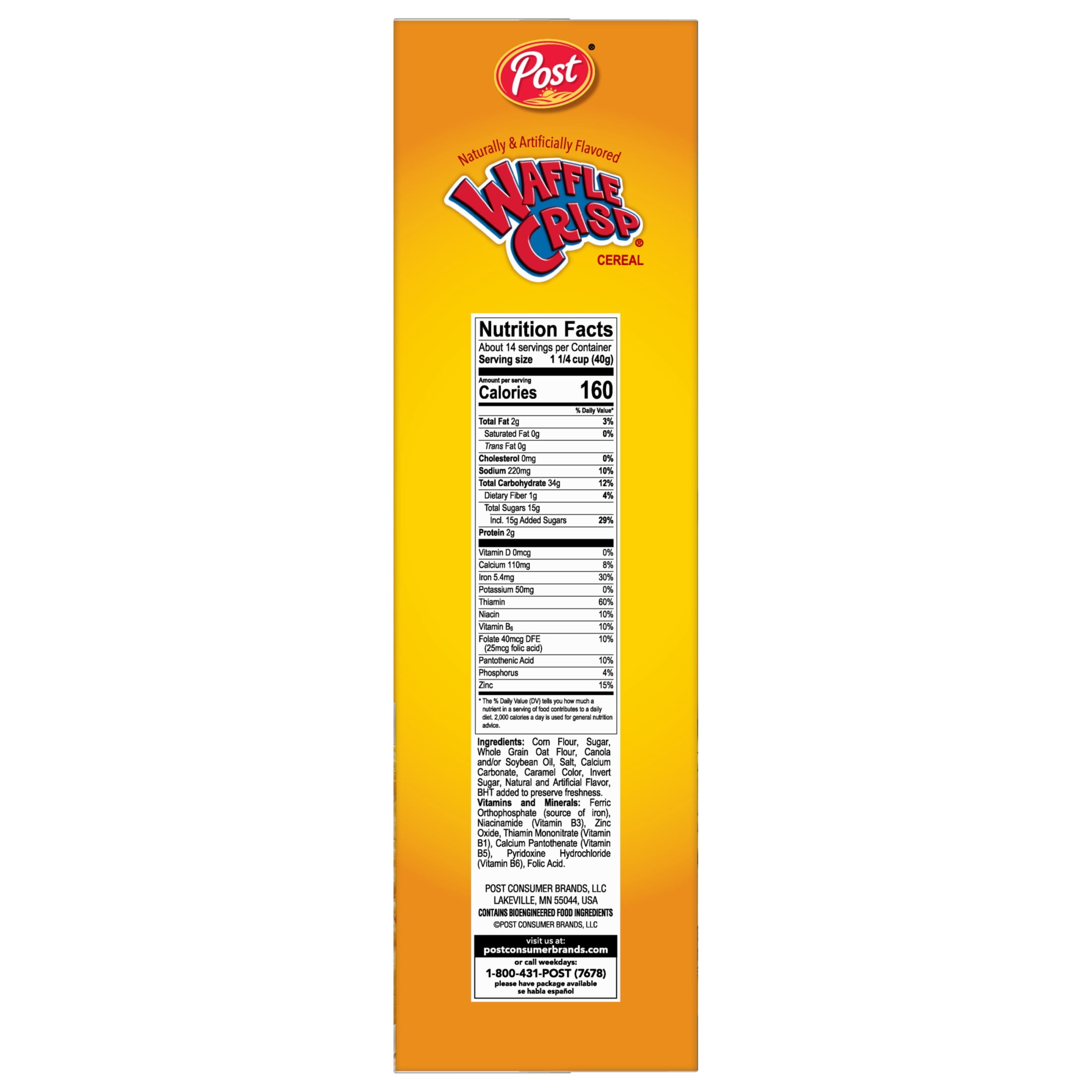 Post Waffle Crisp Breakfast Cereal, Sweetened Waffle Shaped Cereal, Crunchy 20 oz Box