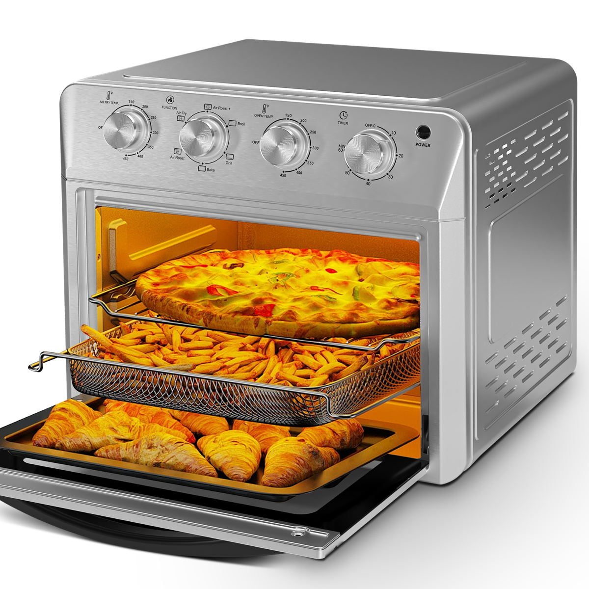 Plum Chef 27.5QT Family Size Air Fryer Oven - 6-in-1 Countertop Oven (Air Fry/Bake/Broil/Toast/Warm/Dehydrate) 1600W 4-Knob Control Silver